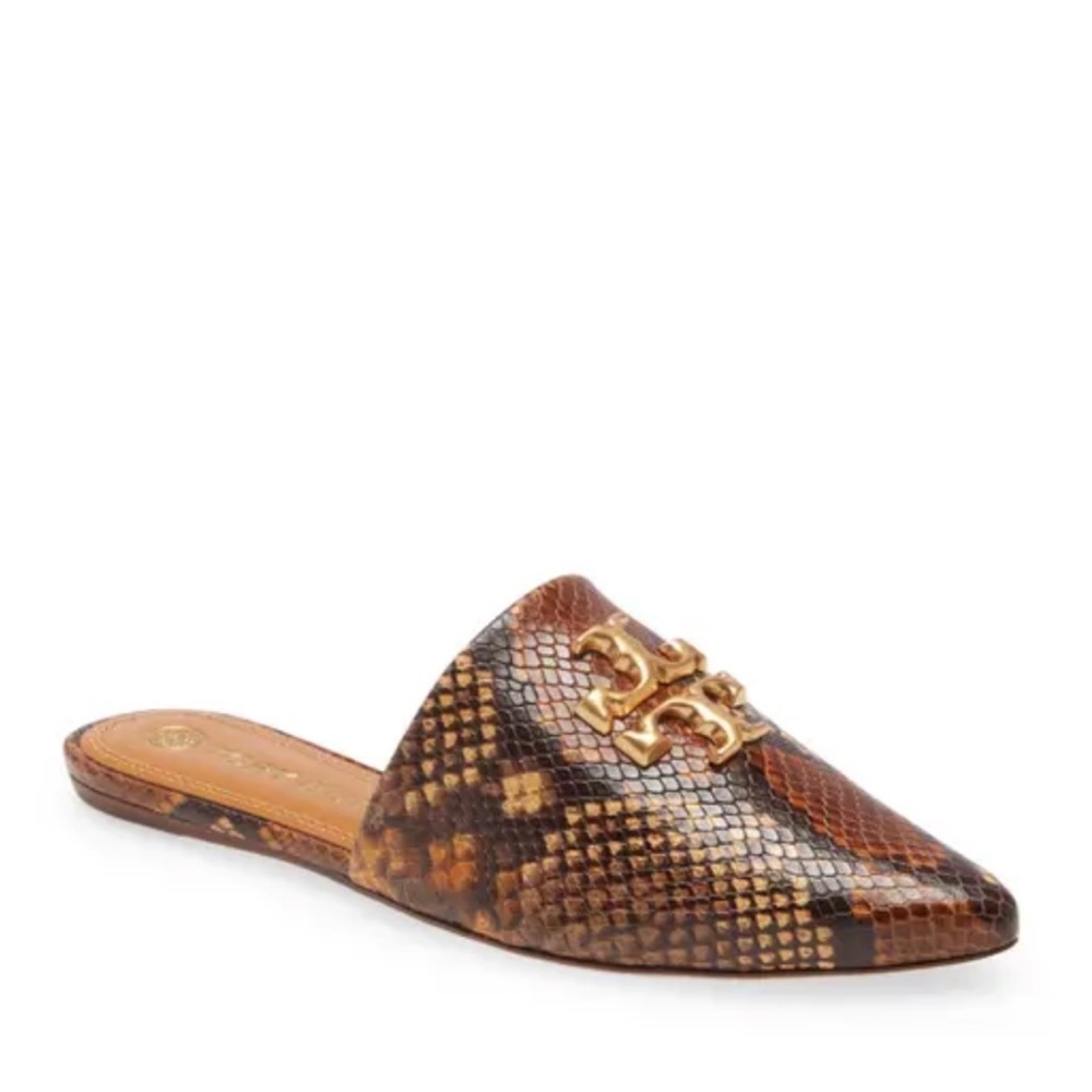 Tory Burch Eleanor Snake-Embossed Leather Mules in Caramel Roccia Size 7